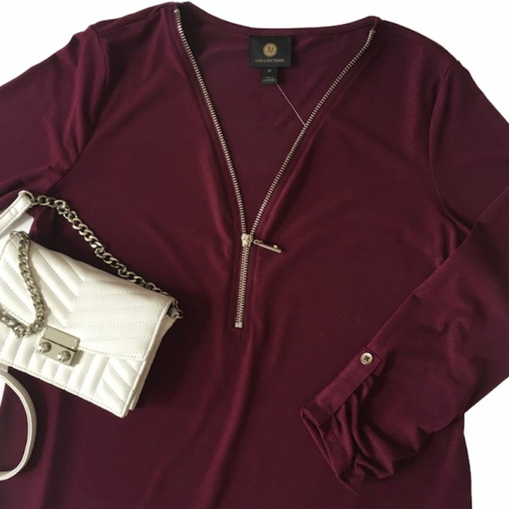 Burgundy/Maroon Zipper 3/4 Length Sleeve Top